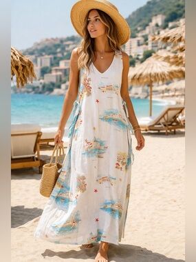 Calypso St. Barth Linen Blend Maxi Cover-Up Dress Coastal Print NWT Medium